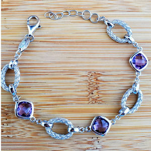 Charles Garnier Amethyst Sterling Silver Chain Link Bracelet Adjustable Large